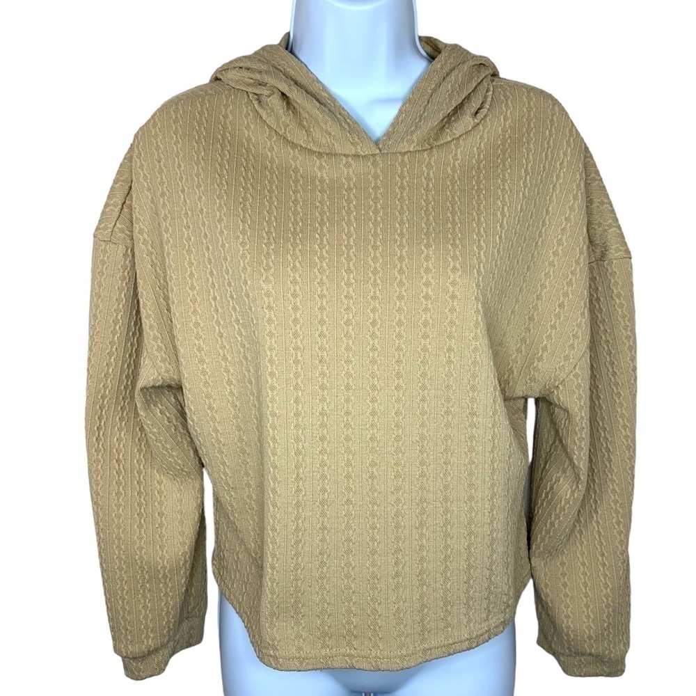 Beige Cable Knit Cropped Hoodie One Step Up Long Sleeve Stretch